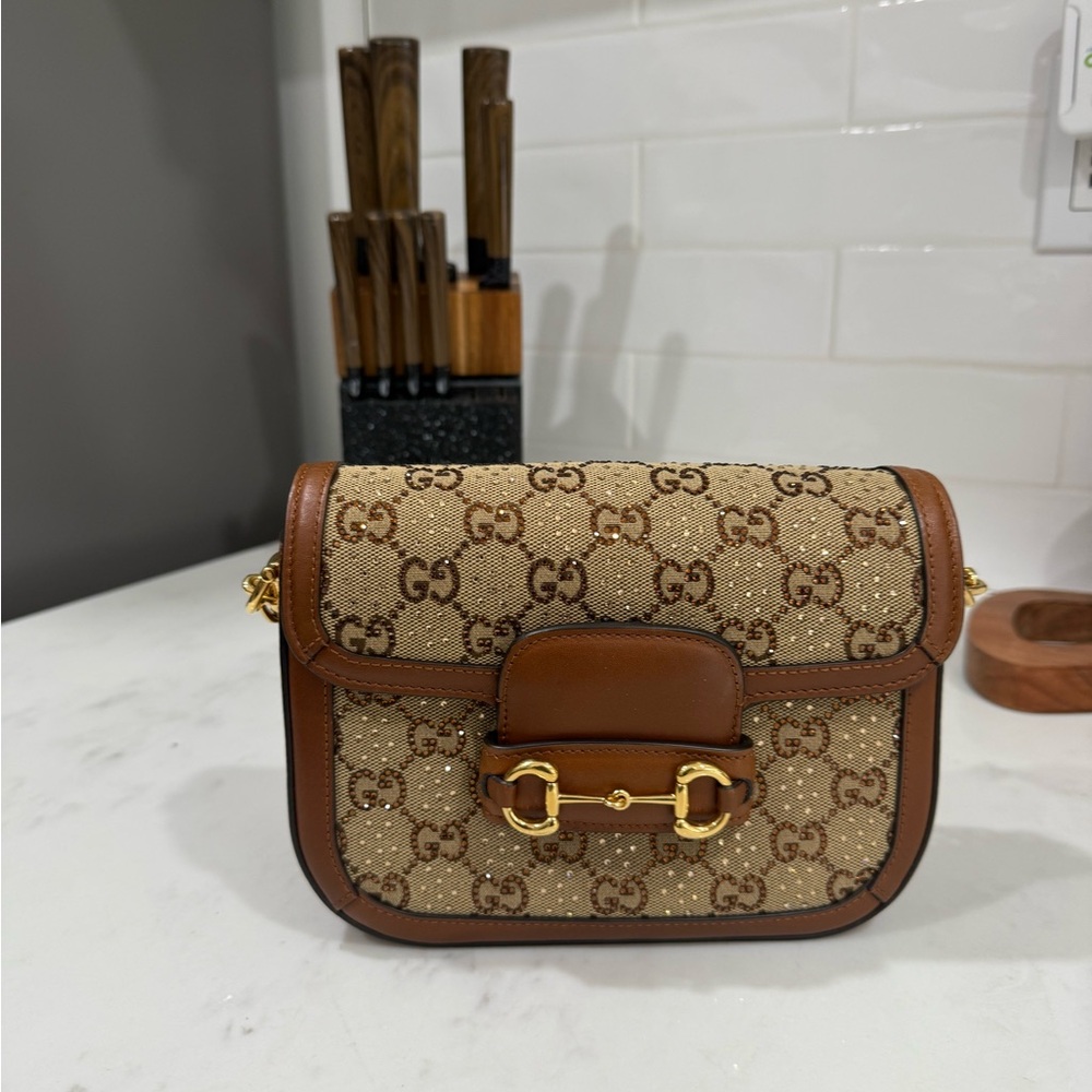 Gucci Tan and Brown Crossbody Bag with Gold Accents